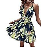 SweatyRocks Women's Deep V Neck Halter Sleeveless Mini Dress Backless Boho Floral Print Ruffle Hem Flare Dresses