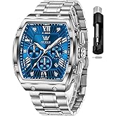 OLEVS Mens Watches Analog Quartz Chronograph Square Dress Watch for Man Stainless Steel or Leather Band Waterproof Luminous Date Male Watch