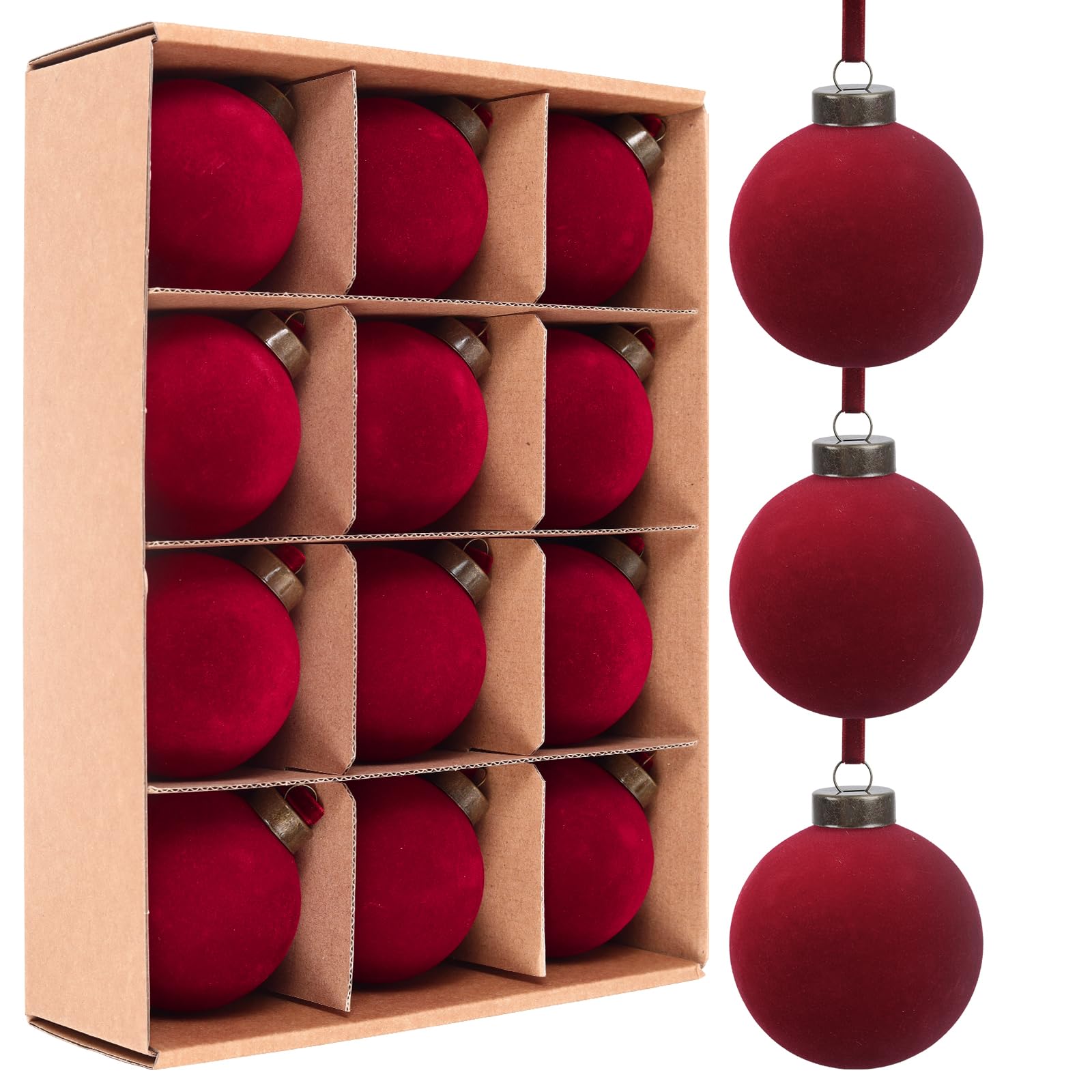 Photo 1 of *****PARTIASL SET**** 12 Pcs Velvet Christmas Balls Bulk Shatterproof Plastic Christmas Tree Decorations for Decorative Hanging Baubles (12, Wine red, 3.15Inch)