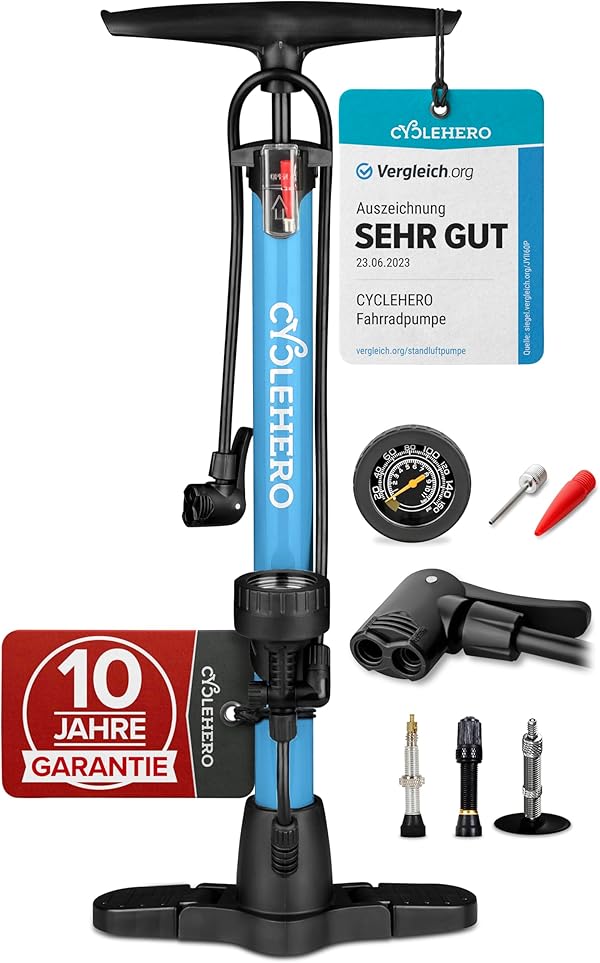 Fahrradpumpe alle Ventile **Test SEHR GUT + 10 Jahre GARANTIE** Leistungsstarke Fahrrad Pumpe Luft – Fahrrad Luftpumpe Französisches Ventil - Luftpumpe Fahrrad Standpumpe mit Manometer Standluftpumpe