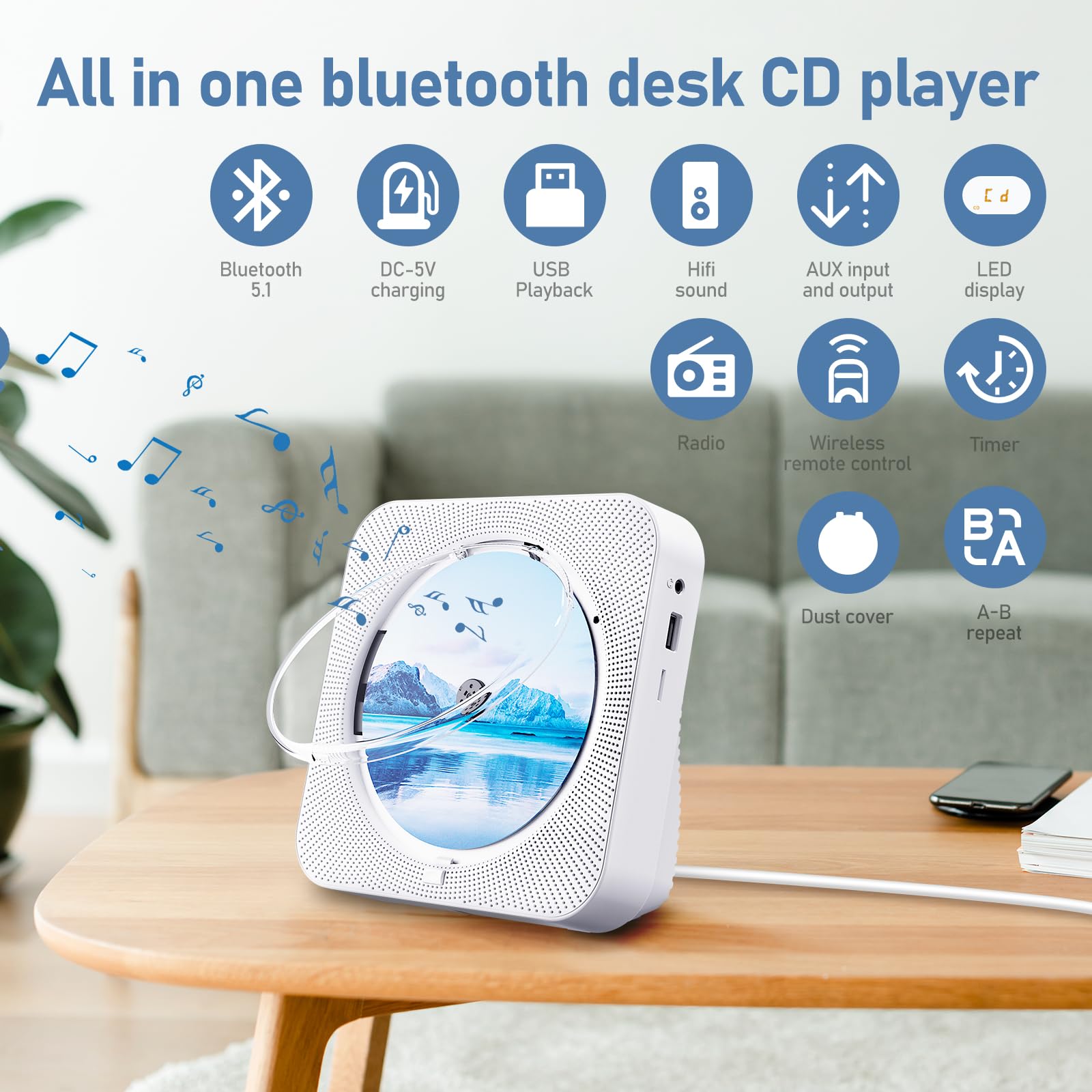 CD Player Portable Bluetooth 5.1 Desktop CD Player with HiFi Sound Speakers,Remote Control,Dust Cover,LED Display,Boombox FM Radio,USB/AUX for Home,Kids (White)