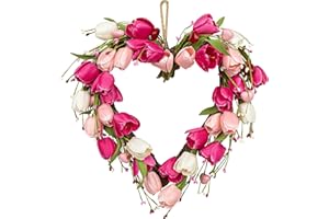 VioletEverGarden Valentine’s Day Wreath 18inch Valentines Day Door Wreath with White Pink Red Tulip Berry and Green Leaf Valentines Heart Wreath for Valentine’s Day Wedding Festival Decor