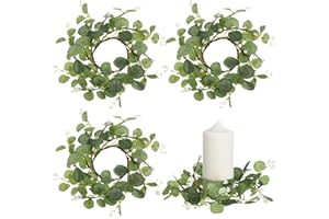 Ipetboom Eucalyptus Wreath: 4Pcs Easter Round Candle Rings Wreaths Faux Kitchen Cabinet Wreaths Farmhouse Wreath for Door Wall Window Decor All Seasons Wedding Holiday, 5.9Inch