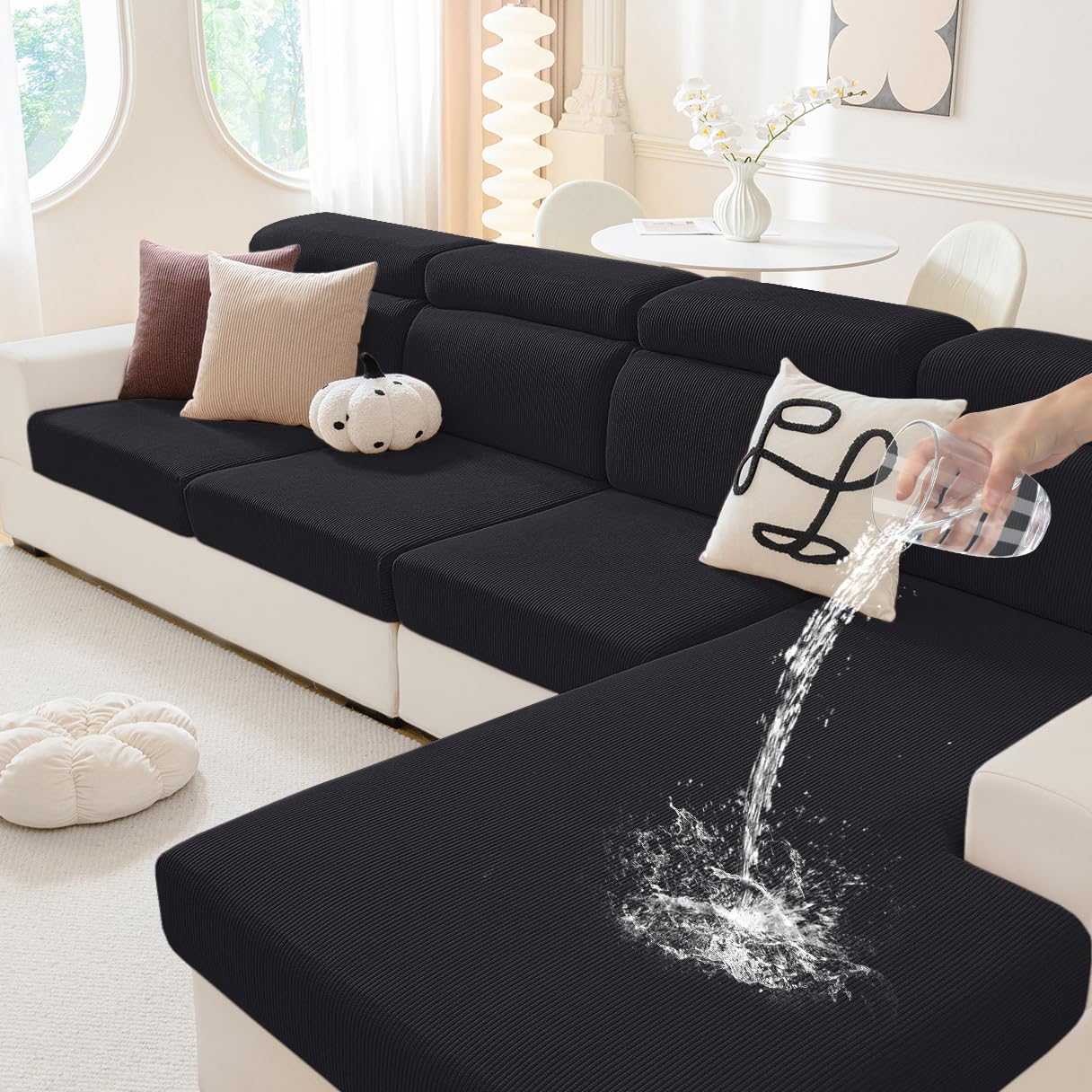 Photo 1 of hyha Waterproof Couch Cushion Covers, Against Spills, Couch Cover for Dogs Washable, Thick Elastic Jacquard Fabric, Waterproof Sofa Seat Slipovers for Pets (3 Pieces, Black)