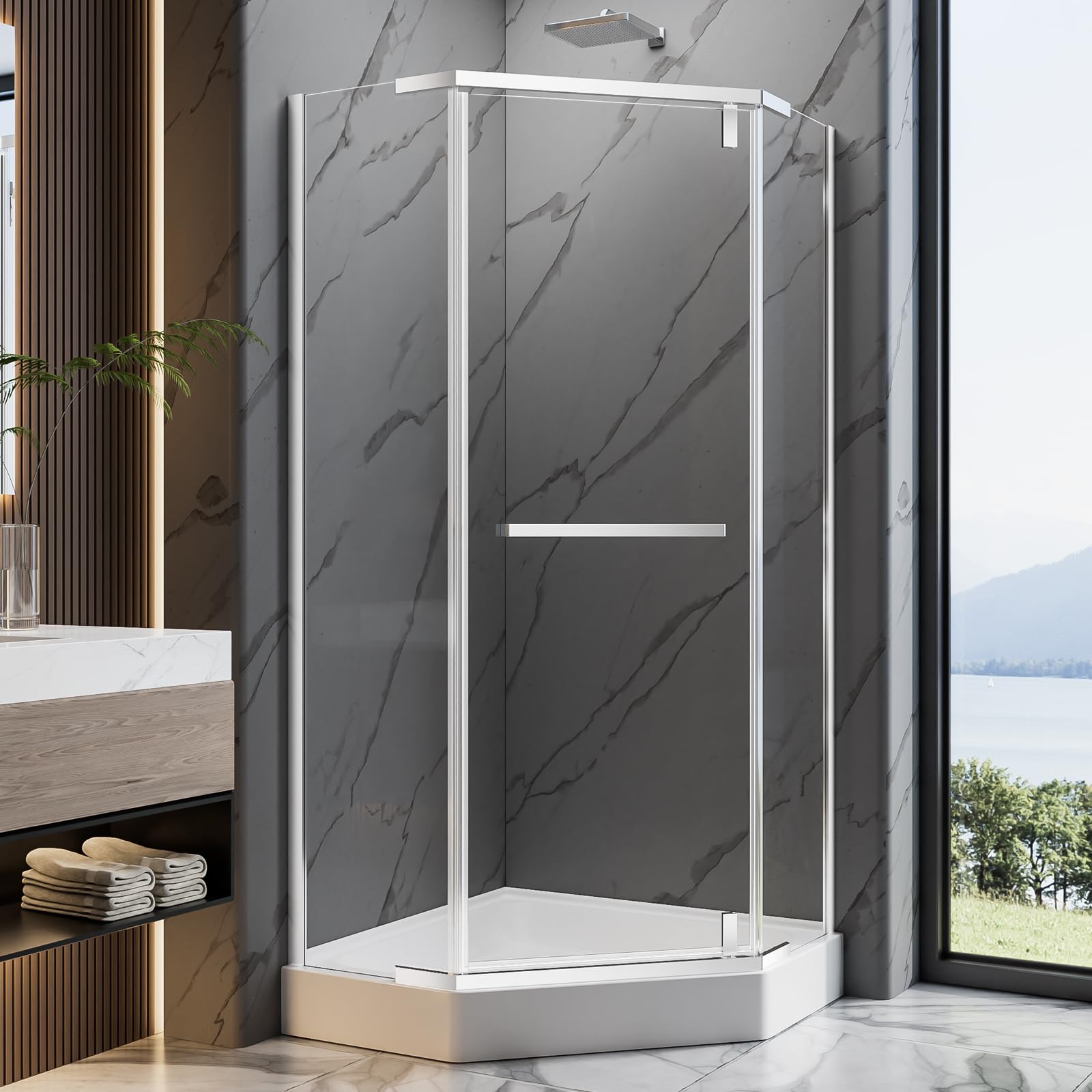 View 1 of 36 Neo-Angle Shower Door 36" W x 72" H Corner Shower Enclosure, 1/4” (6MM) SGCC Tempered Glass with Explosion-Proof Film and Nano Coating, Pivot Shower Doors with Towel Bar Chrome Finish (No Base)