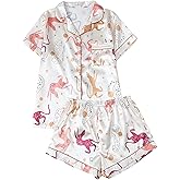 MakeMeChic Women's 2 Piece Silk Satin Pajama Set Animal Print Button Down Shirt and Shorts Sets Loungewear