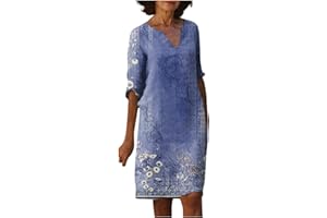 SGASY Women's Vintage Printed V Neck Loose Fit Bohemian Tunic Dress Casual Floral Half Sleeve Loose Tunic Dresses Tshirt