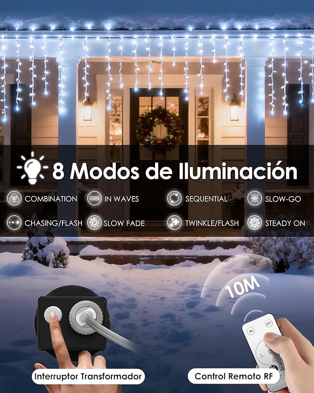 Cortina Luces Navidad Exterior 10M, 400LED Cadena de Luces, Guirnalda Luces de Cascada Prolongable, Función de Memoria, Temporizador, Decoración para Navidad, Fiesta, Boda, Jardín, Balcón, Ventana — foto 4 de 7