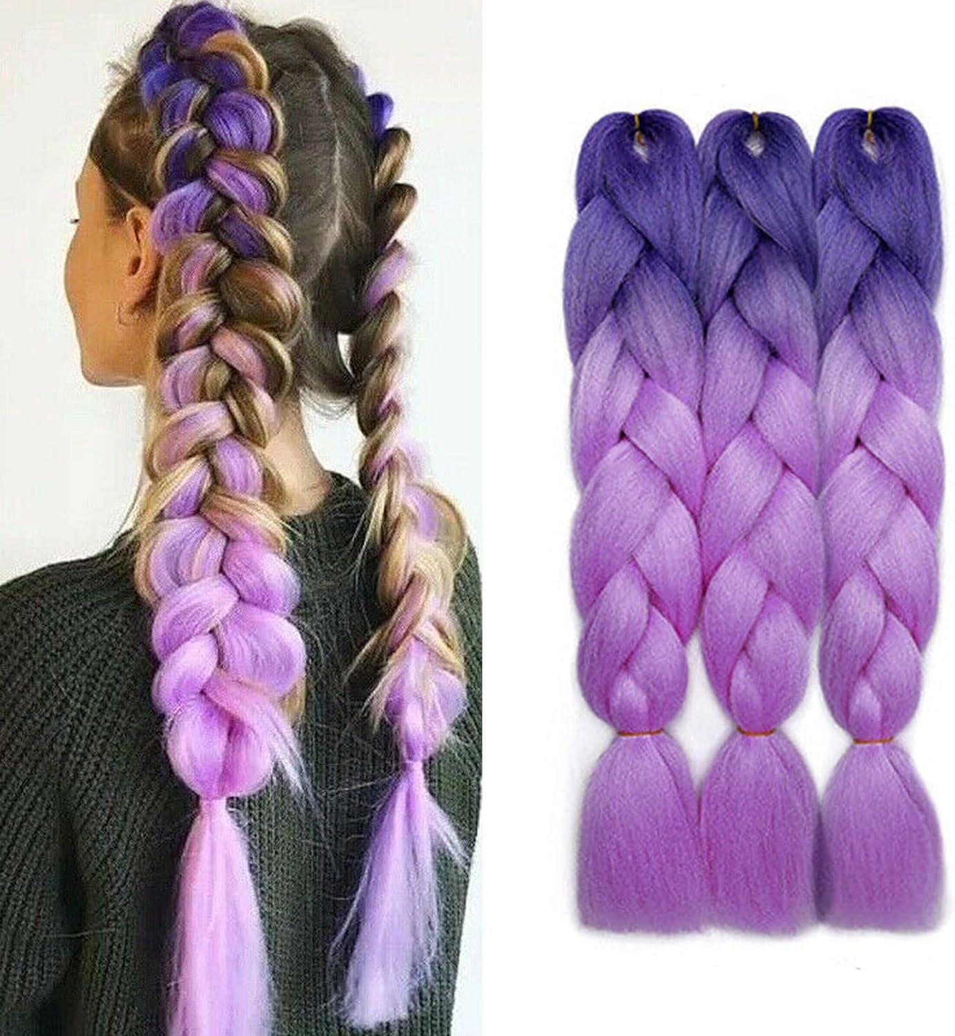 3 Pcs /300g 24'' Two Ombre Jumbo Braiding Hair Synthetic Braid Hair Extensions Dark Purple to Light Purple
