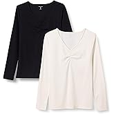 Amazon Essentials Women's Cinched V-Neck Long Sleeve Slim-Fit Rib-Knit T-Shirt, Pack of 2