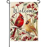 Artofy Welcome Winter Cardinal Small Decorative Garden Flag, Snowy Red Birds Holly Berry Branches Yard Lawn Outside Decor, Christmas Seasonal Burlap Outdoor Home Decoration Double Sided 12 x 18