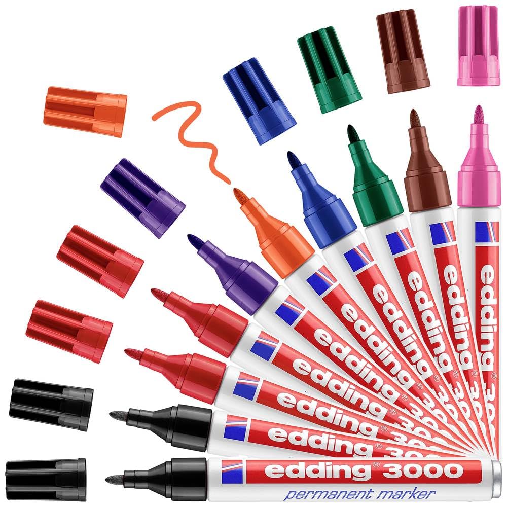 edding 3000 permanent marker - multi-coloured - display box of 10 markers - round tip 1.5-3 mm - quick-drying permanent markers - waterproof,smudge-proof - for cardboard, plastic, wood, metal, fabric