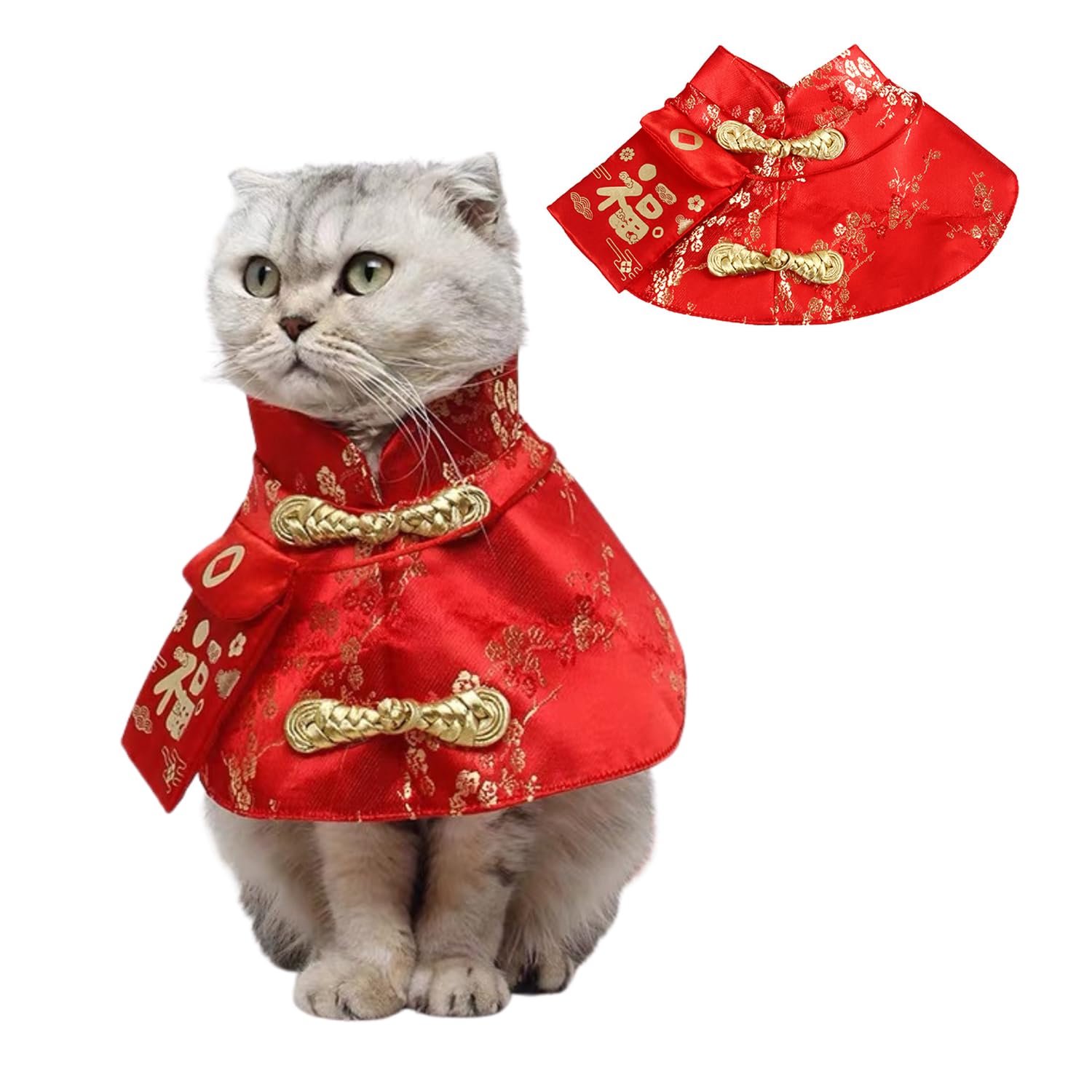 Dog Chinese New Year Costume Pets Knot Buttons Tang Suit Neck Strap Scarf Dog Chinese Style Cloak Coat Pet Vest for Cats Puppies Teddy Bichon Small Dogs (S,Red)