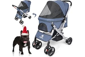 Wedyvko Dog Stroller for Medium Dogs 55 lbs - Upgraded Pets Stroller with Reversible Handlebar, 4 360 Wheels, Foot Brake, Wide Mesh Canopy, 2 Security Leashes, Cup Holder, Storage Basket, Navy Blue