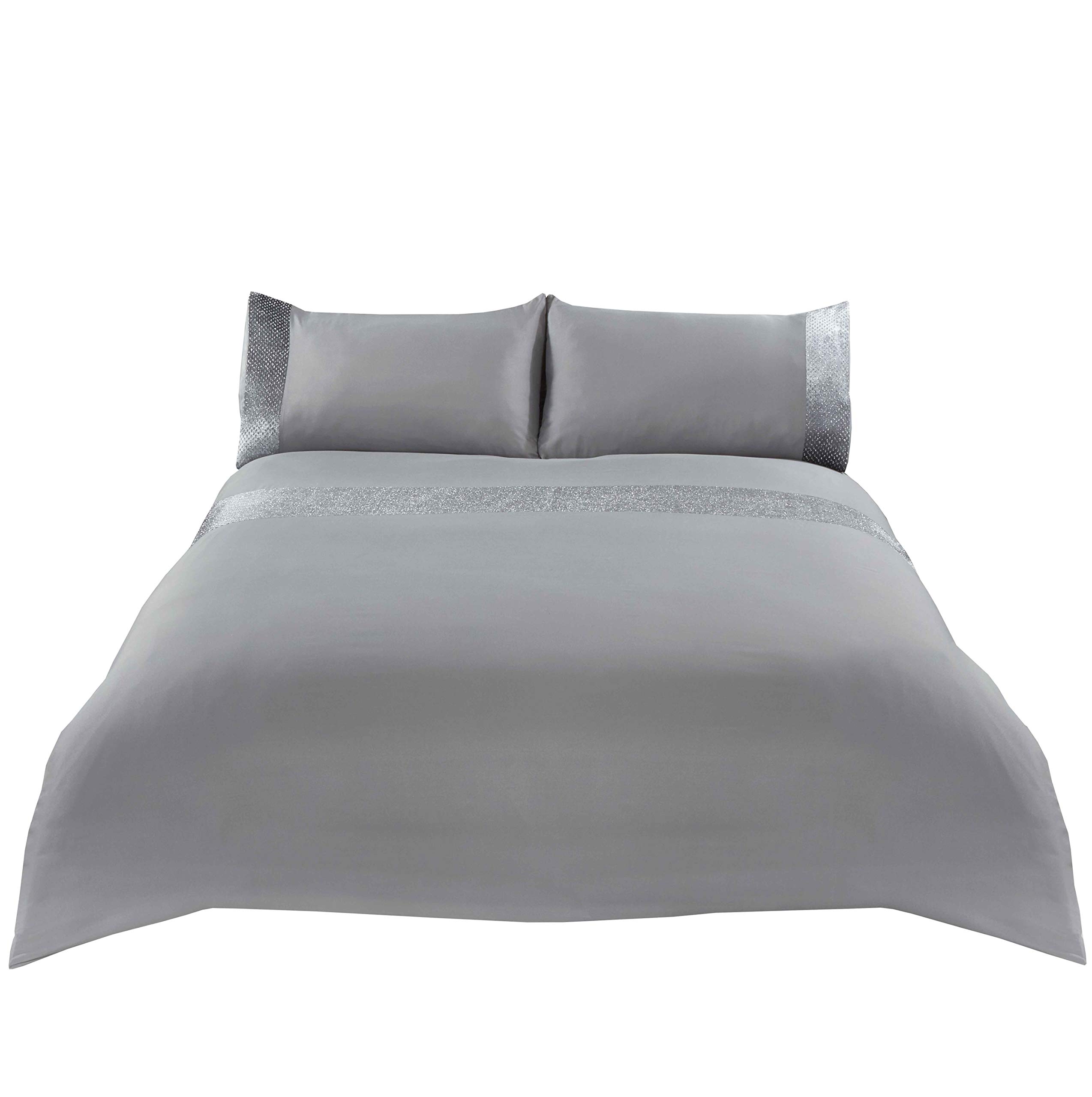Sienna Glitter Duvet Cover with Pillow Case Sparkle Glitz Velvet Bedding Set - Grey Silver, Double
