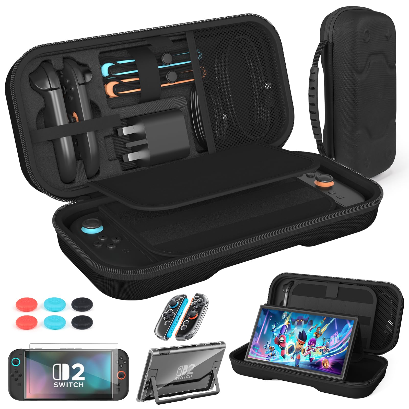 Tasche für Nintendo Switch 2 (2025) - Harte Tragetasche mit 24 Spielkarten-Fächern & Bracket, Zubehör Beinhaltet Reisetasche für Nintendo Switch 2,Displayschutz,Transparente Schutzhülle,Daumengriff
