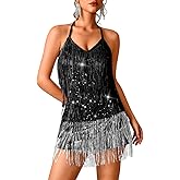 Kaei&Shi Glitter Romper Dress,Open Back Short Jumpsuits for Women,Sparkly Fringe Concert Rave Festival Outfits