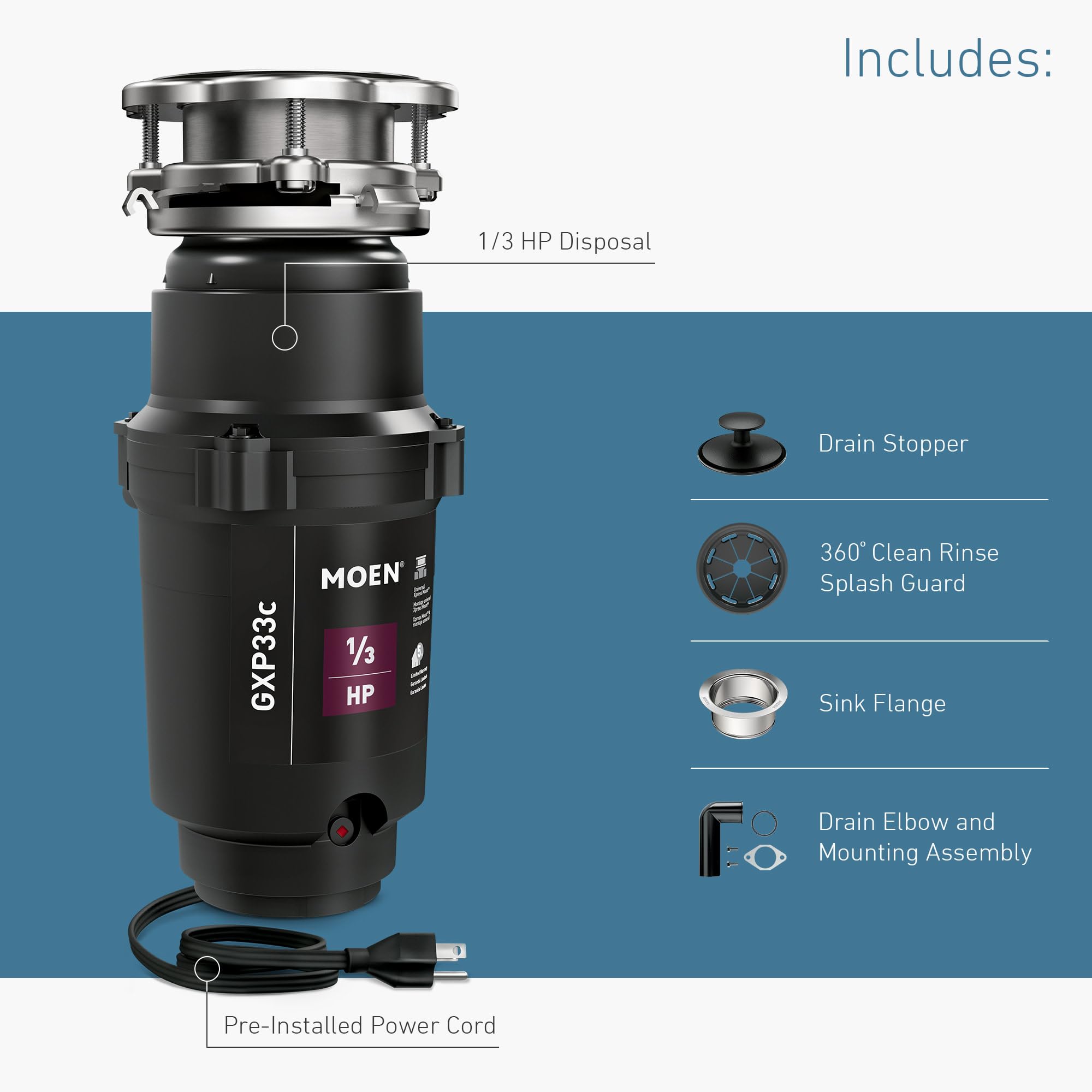 Moen Lite Series PRO Compact Continuous Feed Garbage Disposal for Kitchen Sink with Power Cord, GXP33C