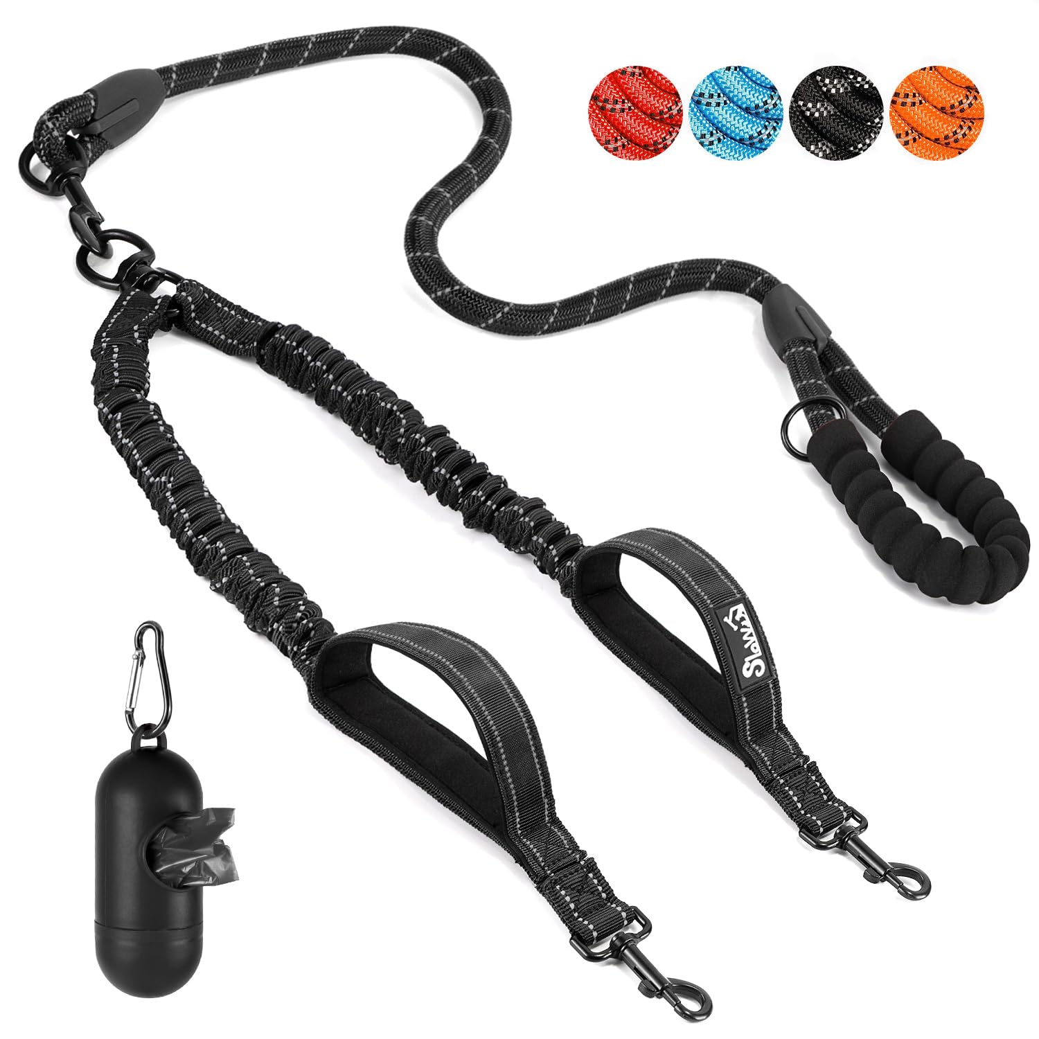 Eyein Double Dog Lead No Tangle - 360° Swivel Heavy Duty Reflective Leash with Two Padded Handles Dual Dog Splitter, Comfortable Shock Absorbing Walking Training for 2 Small Medium Dogs (11-68kg)