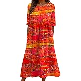 Women's Boho Floral Short Sleeve Midi Dresses Summer Casual Flowy Loose Beach Vacation Tshirt Dress with Pockets