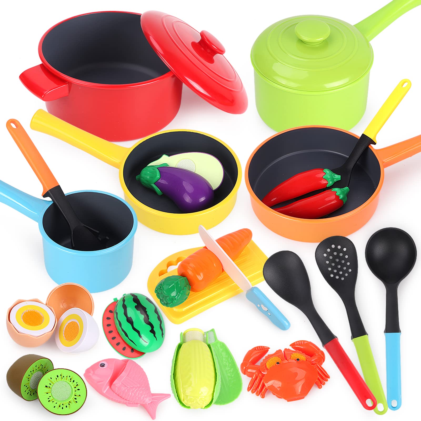 GILOBABY Kids Toy Kitchen Accessories, A Complete Playset with Play Food, Pots, Pans, Fruits & Vegetables, Realistic Cooking Role Play Gift for Boys Girls 3+ — image 1