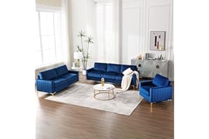 DEOLME 3 Piece Navy Blue Sofa Set Living Room Furniture Sets, Comfy Sofa and Loveseat and Chair, Velvet Tufted 3 Seater Couch Sets for Bedroom Office juegos de muebles de sala Modern Soft Cushion Golden Leg