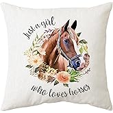 Sidhua Horse Themed Pillowcase Decorations for Home, Just A Girl Who Loves Horses Throw Pillow Cover 18"x18", Horse Lover and Rider Gifts for Girls
