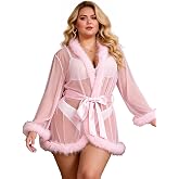 sunshinelady Women's Fur Feather Sheer Tulle Bridal Robe with Satin Belt | Fluffy plume mesh kimono with silk sash fulfills wedding maternity photoshoot. Soft gown solves fit pain points for ladies