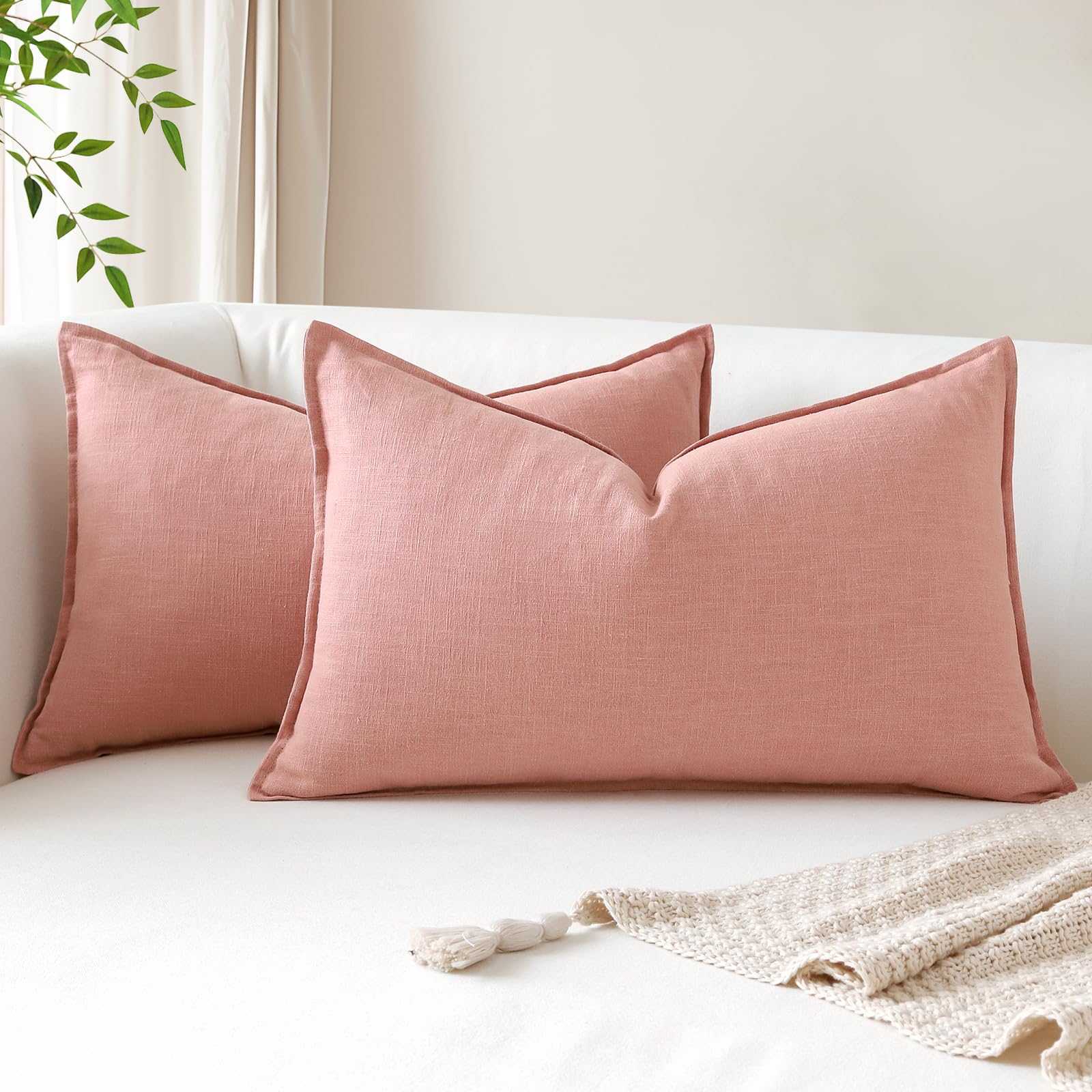 Sungeek Set of 2 Soft Linen Decorative Cushion Covers 30cm x 50cm Solid Farmhouse Throw Pillow Covers Boho Accent Cushion Cases for Sofa Couch Chair Bedroom Home Decor Pillowcases, Pink