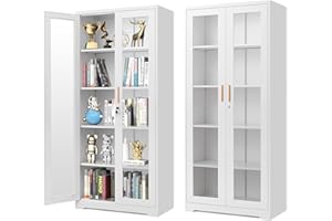 METALMAX 71" Glass Display Cabinet, Metal Storage Cabinet with Glass Doors, Curio Display Case with 4 Adjustable Shelves, White Locking Cabinets for Living Room, Kitchen, Hallway - Assembly Required