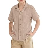 IIMMER Boys Summer Cuban Collar Button Down Shirts Casual Rib-Knit Tops Short Sleeve Vacation Tee with Pocket 5-14 Years
