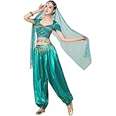 ELLYDOOR Arabian Jasmine Costume for Women Princess Dress Up Halloween Belly Dance Top Pants 4 Piece Outfit