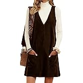 Hooever Women Corduroy Overall Dress V Neck A Line Skirtall Jumper Mini Dress Pinafore with Pockets