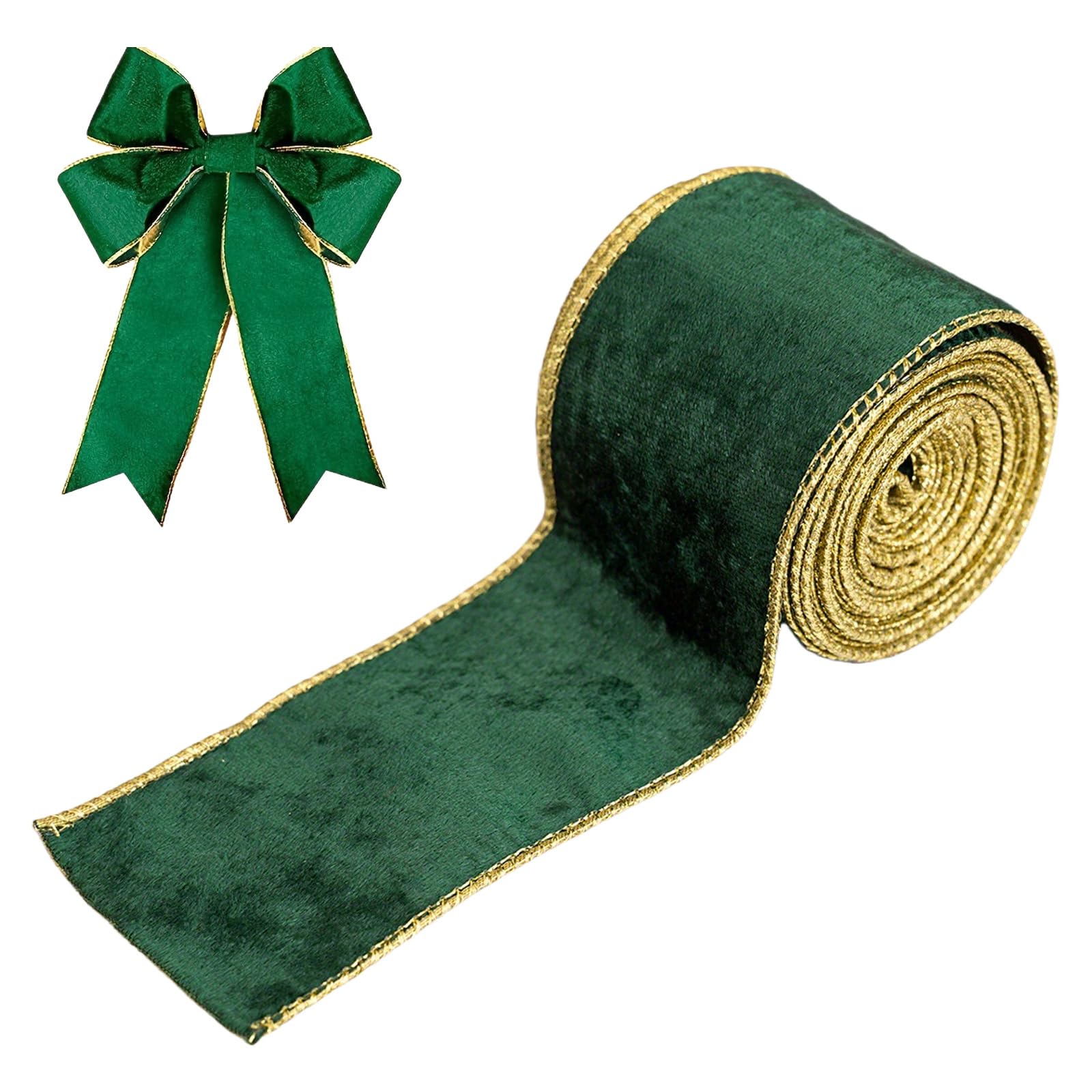 Christmas Velvet Ribbon 2.5 inch Wide Wired Edge Wrapping Ribbon Craft Fabric Ribbon for Xmas Tree Bow Wreath Making Gift Wrapping (Green 5 Yards)
