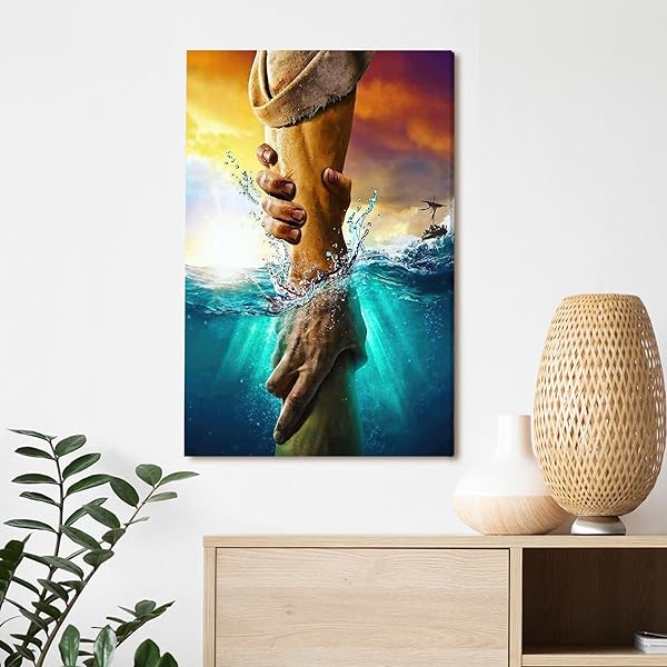 FRAMED JESUS CHRIST CANVAS WALL ART THE HAND OF GOD JESUS REACHING INTO WATER CHRISTIAN PAINTING PRINTS BIBLICAL WALL DECOR RELIGIOUS ROOM DECOR FOR CHURCH PRAYER ROOM SCHOOLS HOSPITALS 16″ X 24″
