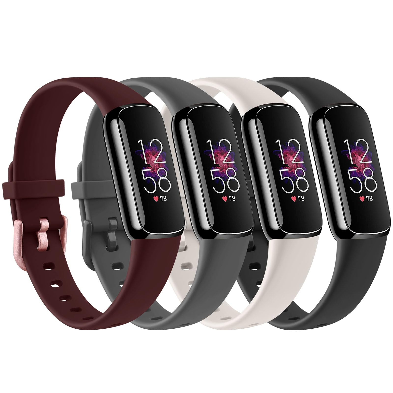 AK Straps Compatible with Fitbit Luxe Strap for Women Men, Pack 4 Soft Silicone Adjustable Sport Replacement Wrist Bands for Fitbit Luxe Only (Small, Black/Gray/Red/Starlight) — image 1