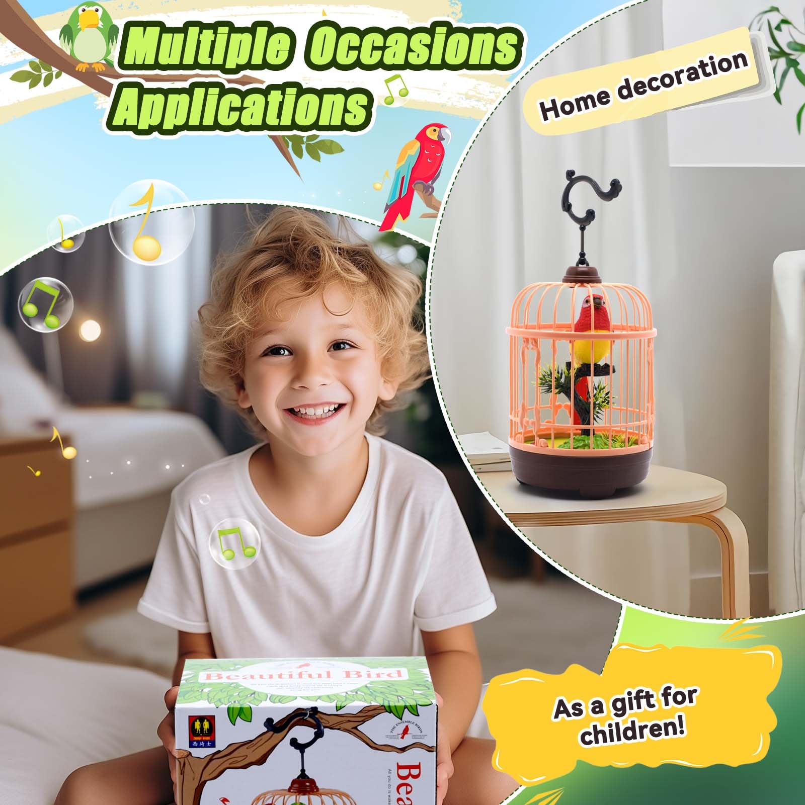 JOCOUNY Mini Voice-Activated Birds Birdcage Toys, Chirping Parrot Birds Animals Toy for Baby Toddler Kids Children Birthday Home Decor (HL518-1B)