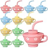 Zhehao 12 Pieces Plastic Kids Tea Cups with Lids and Straws for Tea Party, 9 oz Reusable Creative Party Cups Bulk for Birthday Baby Shower Princess Supplies