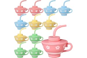 Zhehao 12 Pieces Plastic Kids Tea Cups with Lids and Straws for Tea Party, 9 oz Reusable Creative Party Cups Bulk for Birthday Baby Shower Princess Supplies