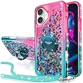 Silverback for iPhone 16 Plus Case, Moving Liquid Holographic Sparkle Glitter Case with Kickstand, Girls Women Bling Diamond Ring Protective Case for iPhone 16 Plus - Green
