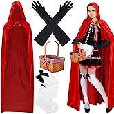 Ramede 4 Pcs Halloween Cosplay Accessories Long Hooded Cloak Velvet Cape Elbow Length Party Gloves for Women Bow Thigh Highs Red Gingham Hand Basket for Adult Costumes