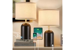 GYROVU Touch Control Table Lamps Set of 2, Modern Bedside Lamp with 2 USB Ports, 3-Way Dimmable Gold and Black Nightstand Lamp with Fabric Shade for Living Room Bedroom Office Dorm(LED Bulbs Included)
