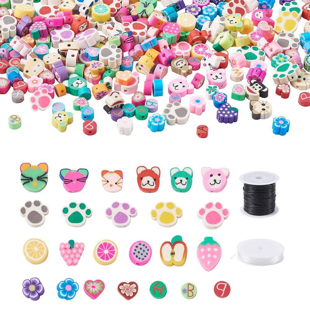 Craftdady 300pcs Polymer Clay Beads Assorted Handmade Flower Fruit Animal Loose Spacer Beads with Beading Thread for Bracelet Jewelry Making Hole:1.5-3mm
