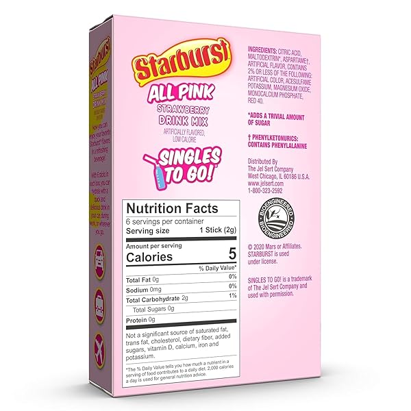 STARBURST SINGLES TO GO POWDERED DRINK MIX, STRAWBERRY, 1 BOX WITH 6 PACKETS – 6 TOTAL SERVINGS