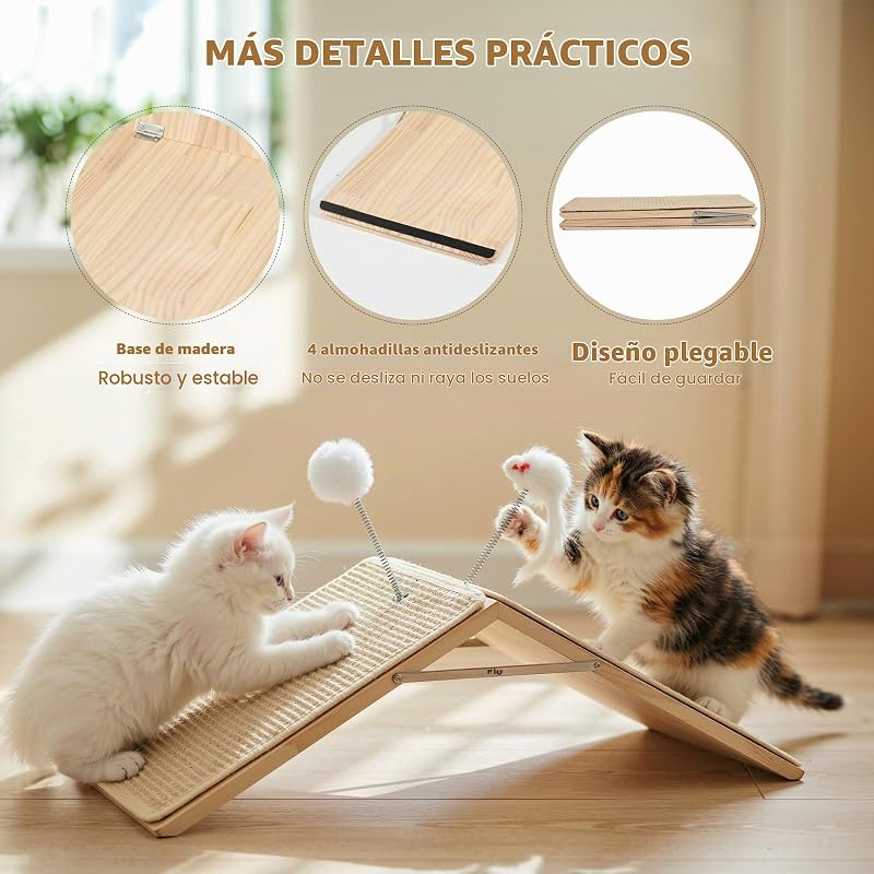 Arranhador para gatos, rampa de arranhador de sisal, tábua dobrável de madeira com 2 peluches de mola, rampa triangular para gatinhos que protege móveis, tapete antiderrapante