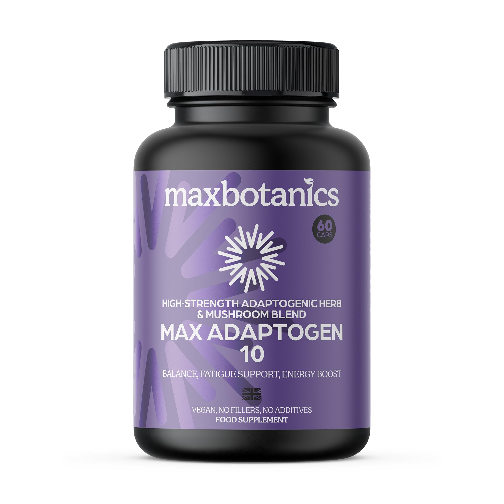 Max Botanics Max Adaptogen 10 Balance, Fatigue, Energy Boost & Stress Support 10-Herb Adaptogen High Strength Mushroom Blend with Ashwagandha, Rhodiola & Ginseng Natural Vegan UK Made (60 Capsules)