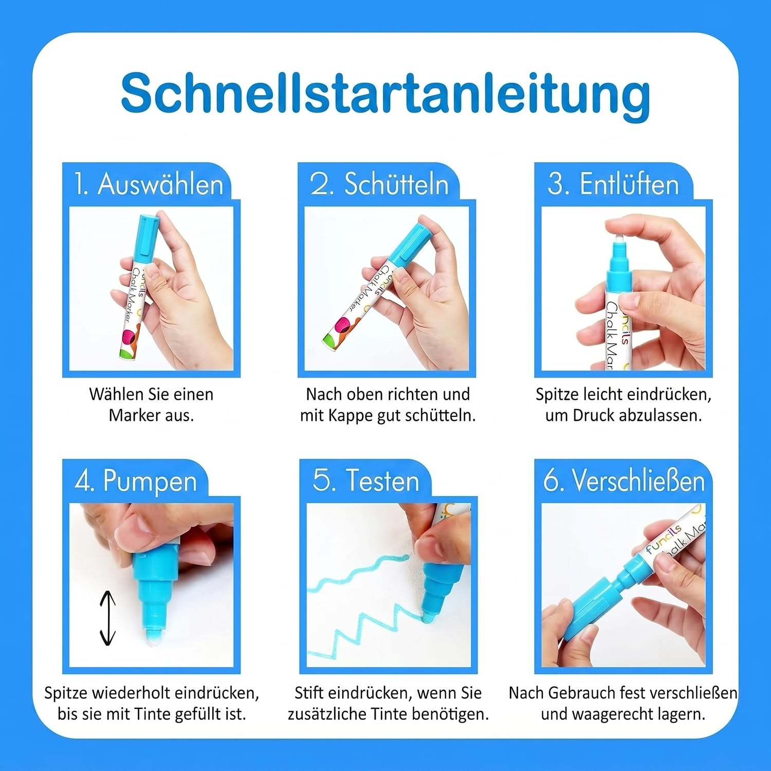 Funcils Kreidestifte - weiß - 6 Kreide Markers Multipack - 1mm, 3mm, 6mm Spitze. Kreidestifte für Fenster, Tafel, Glas und mehr. Geeignet für Erwachsene, Künstler, Lehrer und Kinder. 9