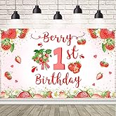 AIBIIN 7x5ft Sweet Strawberry 1st Birthday Backdrop Berry First Happy Birthday Party Decorations Banner Strawberry Daisy Photography Background Strawberry Theme One Year Old Girl Party Supplies