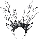 MOSTORY Branch Deer Antler Headband, Woodland Reindeer Ear Headpiece for Renaissance, Flower Antlers Headband Tree Costume