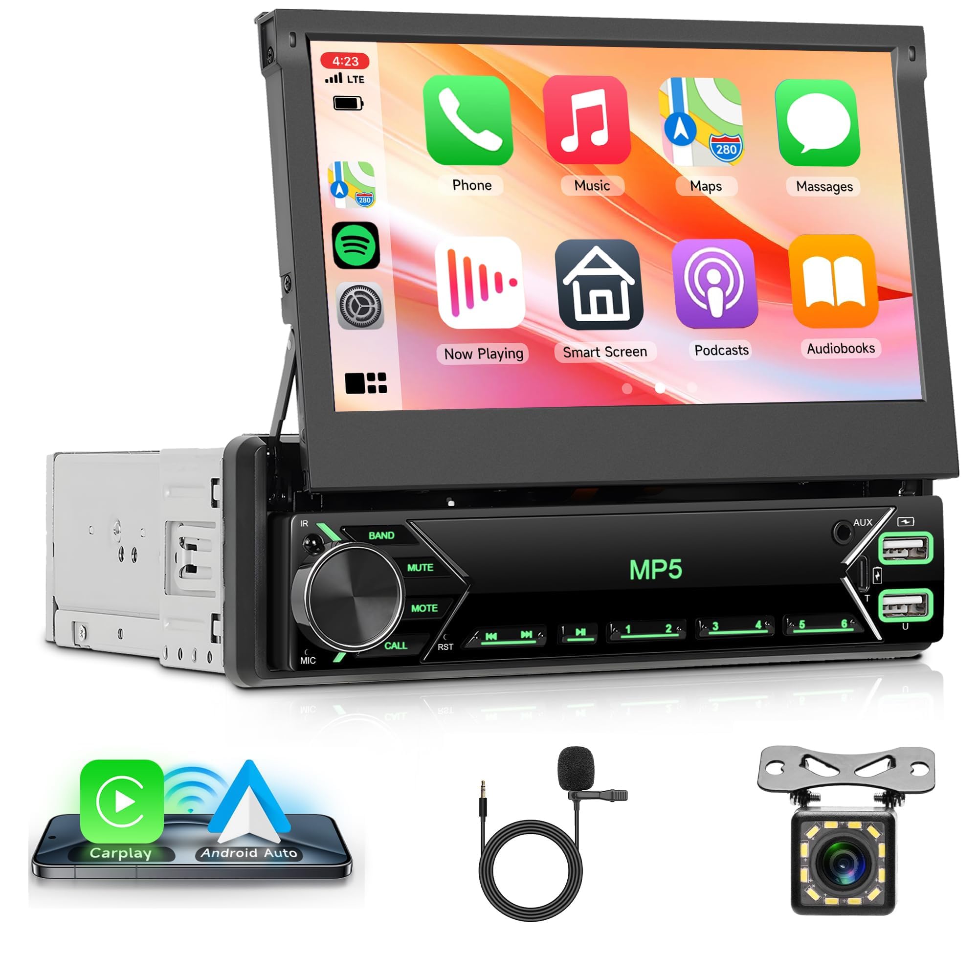 Rimoody Single Din Wireless Carplay Android Auto Car Stereo, 7'' Flip Out Touch Screen Car Radio 1 Din with Bluetooth FM Radio EQ TF/USB/AUX + Rear View Camera